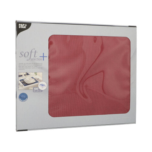 O cutie de seturi de masă Vlies „soft selection plus“ de la PAPSTAR GmbH, asemănător cu materialul textil, 100 de bucăți în cutie, fiecare de 30 x 40 cm.