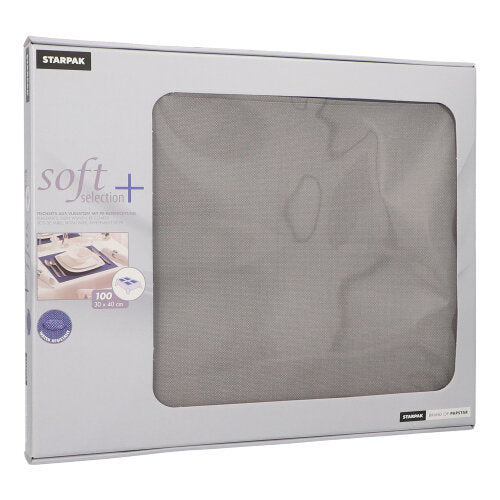 O cutie PAPSTAR cu 100 de seturi de masă „soft selection plus“ de la PAPSTAR GmbH conține șervețele Vlies asemănătoare cu materialul textil de 30 x 40 cm – ideale ca seturi de masă. Ambalajul gri are o fereastră transparentă prin care conținutul este vizibil.