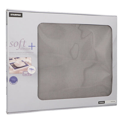 O cutie PAPSTAR cu 100 de seturi de masă „soft selection plus“ de la PAPSTAR GmbH conține șervețele Vlies asemănătoare cu materialul textil de 30 x 40 cm – ideale ca seturi de masă. Ambalajul gri are o fereastră transparentă prin care conținutul este vizibil.