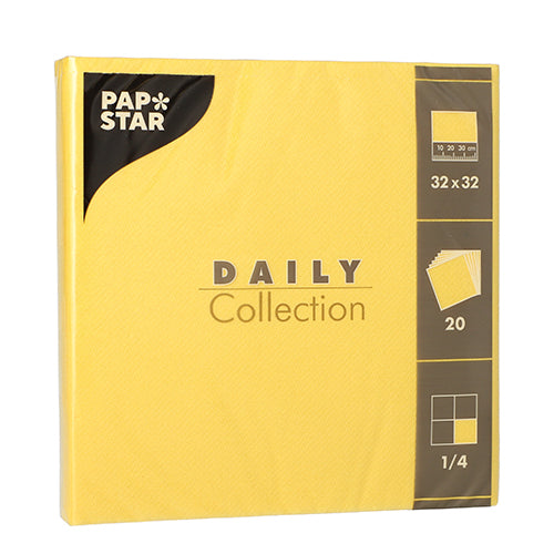 PAPSTAR GmbH 20 Servietten "DAILY Collection", 1/4-Falz, 32 x 32 cm, gelb – ideal für die Tischdekoration. Falzung (1/4-Falz) und Menge (20 Stück) finden Sie auf der rechten Seite der Verpackung.