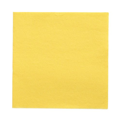 Un singur șervețel galben PAPSTAR 50 de șervețele „DAILY Collection“, 32 x 32 cm, se află plat pe un fundal alb și își prezintă modelul discret structurat pentru o decorare stilată a mesei.