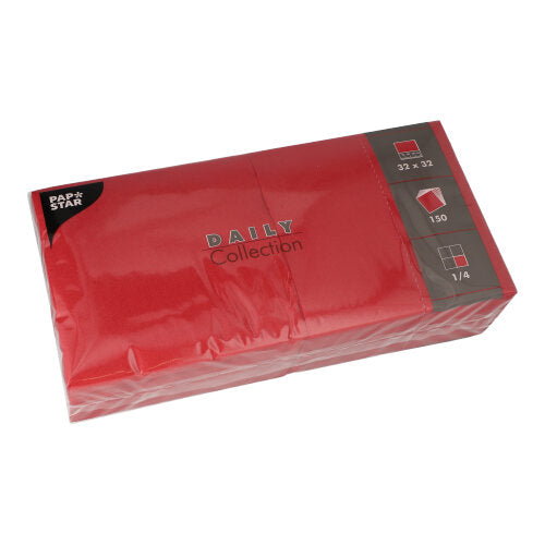 Das Paket der PAPSTAR GmbH umfasst 150 Servietten der „DAILY Collection“ im Format 32 x 32 cm mit klassischer 1/4-Falz-Viertelfaltung.
