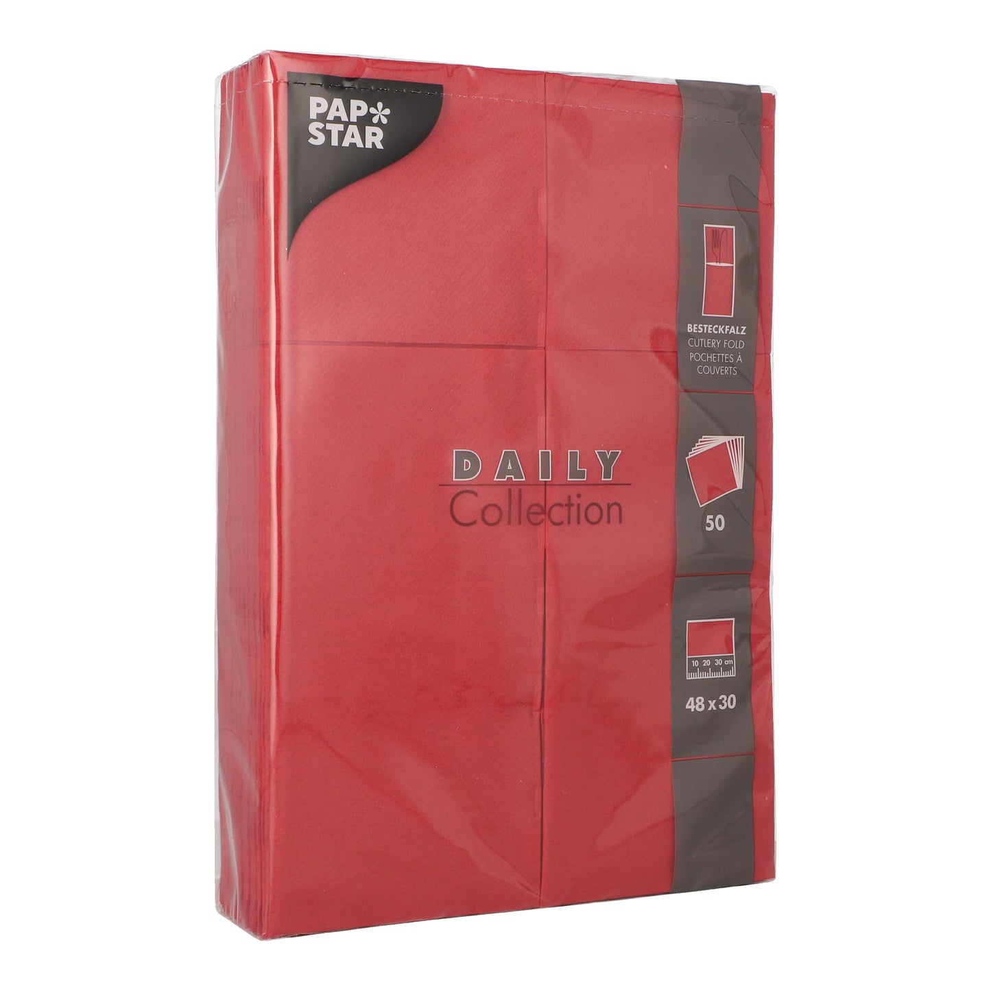 Un pachet PAPSTAR 50 de șervețele „DAILY Collection“ 48 cm x 30 cm cu pliere pentru tacâmuri de la PAPSTAR GmbH, învelit în plastic transparent, afișează detalii și caracteristici ale produsului în scris alb și gri pe ambalaj.