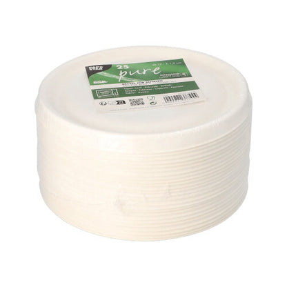 Un teanc de 25 de capace albe PAPSTAR „pure” pentru boluri din trestie de zahăr (Ø 17 cm), ambalate în folie transparentă cu branding - ideal pentru gastronomia confortabilă și ecologică a PAPSTAR GmbH.