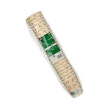 25 pahare de băut PAPSTAR "Candy Canes" (0,2 l, Ø 8 cm), pahare crem cu pereți dubli cu motiv de bastoane de zahăr roșii ale PAPSTAR GmbH într-un ambalaj de plastic; informațiile despre produs sunt vizibile pe eticheta verde.