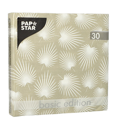 Un pachet cu 30 de șervețele PAPSTAR, 3 straturi, 1/4 pliuri (33 cm x 33 cm) de la PAPSTAR GmbH, bej cu model de frunze de palmier alb și ambalate în folie transparentă.