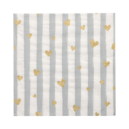 Cele 30 de șervețele PAPSTAR de la PAPSTAR GmbH sunt în trei straturi, de 33 x 33 cm și sunt decorate cu dungi verticale gri deschis-alb și mici inimi aurii.