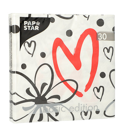 PAPSTAR GmbH 30 șervețele, 3 straturi, 33x33 cm, în pachet „Basic Edition“ cu model de inimi și puncte alb-negru și un motiv mare de inimă roșie.