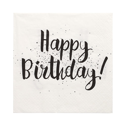 PAPSTAR GmbH 30 șervețele, 3 straturi, 1/4 pliuri (33x33 cm), alb cu inscripția neagră "Happy Birthday!" și puncte. Șervețele de înaltă calitate PAPSTAR – ideale pentru ocazii festive și petreceri aniversare.