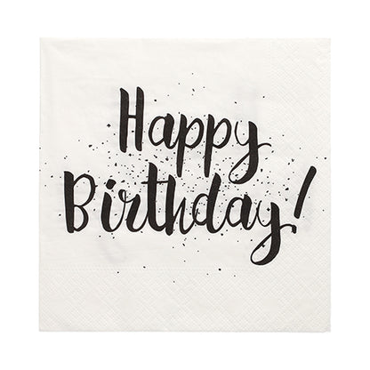 PAPSTAR GmbH 30 șervețele, 3 straturi, 1/4 pliuri (33x33 cm), alb cu inscripția neagră "Happy Birthday!" și puncte. Șervețele de înaltă calitate PAPSTAR – ideale pentru ocazii festive și petreceri aniversare.