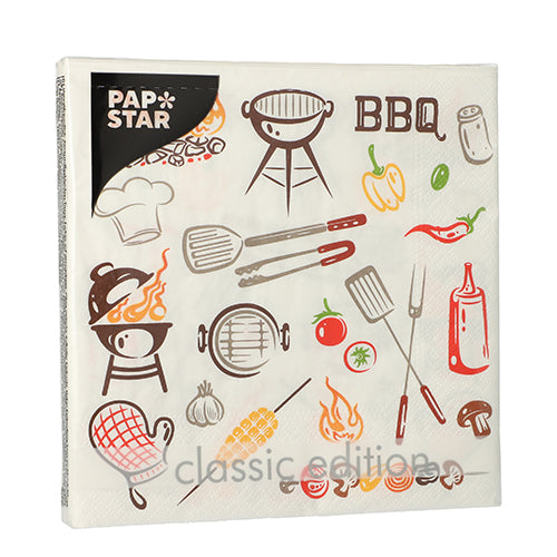 PAPSTAR 20 de șervețele, 3 straturi, 33x33cm, cu motive BBQ precum grătar și șapcă de bucătar. Logo "PAP STAR" în colț, "classic edition" pe margine. De la PAPSTAR GmbH, Design Set 1.