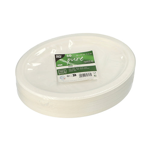 Un teanc de farfurii de unică folosință albe, ovale PAPSTAR 50 farfurii, trestie de zahăr „pure“ de la PAPSTAR GmbH, ambalate în folie cu etichetă verde-albă.