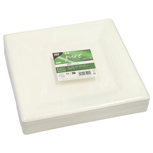 Un teanc de PAPSTAR 50 farfurii din trestie de zahăr „pure“, durabile și compostabile, de la PAPSTAR GmbH, ambalate în plastic. Eticheta verde-albă de deasupra arată informațiile despre produs și numărul 50.