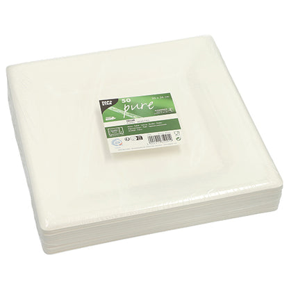 Un teanc de PAPSTAR 50 farfurii din trestie de zahăr „pure“, durabile și compostabile, de la PAPSTAR GmbH, ambalate în plastic. Eticheta verde-albă de deasupra arată informațiile despre produs și numărul 50.