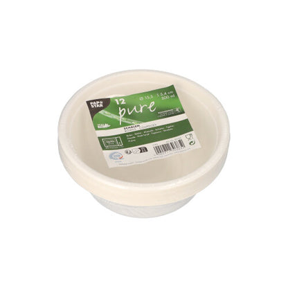 Un teanc de 12 PAPSTAR boluri, trestie de zahăr „pure“ de la PAPSTAR GmbH într-un ambalaj cu etichetă verde. Fiecare bol ecologic de unică folosință are o capacitate de 500 ml și este fabricat din material biodegradabil.