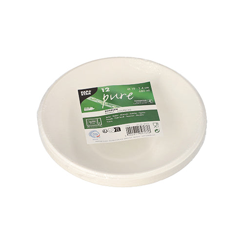Un teanc de douăsprezece PAPSTAR 12 boluri, trestie de zahăr „pure“ de la PAPSTAR GmbH, farfurii albe, rotunde, ecologice de unică folosință, învelite în plastic cu o etichetă verde-albă cu detalii despre produs și simboluri pentru reciclare și compostabilitate (biodegradabile).