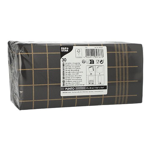 Cea dreptunghiulară PAPSTAR-Pachetul conține 30 de șervețele de bucătărie cu două straturi „PUNTO” (39 x 40 cm, pliate în 1/8, cu micro-gofrare) cu un model în carouri negru-auriu și include o etichetă cu instrucțiuni de utilizare și eliminare.