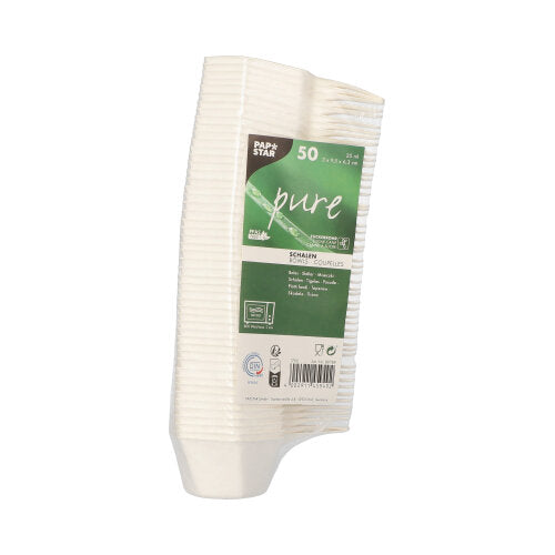 Un pachet cu 50 de boluri hexagonale albe „pure” din trestie de zahăr pentru aperitive de la PAPSTAR GmbH – farfurii de unică folosință ecologice, perfecte pentru întâlniri durabile.