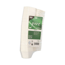 Un pachet cu 50 de boluri hexagonale albe „pure” din trestie de zahăr pentru aperitive de la PAPSTAR GmbH – farfurii de unică folosință ecologice, perfecte pentru întâlniri durabile.