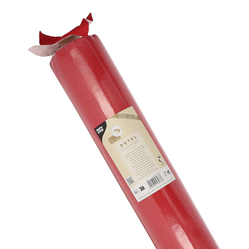 Un sul de față de masă „ROYAL Collection“ de la PAPSTAR GmbH, 20 m x 1,18 m, în culoarea roșu cu etichetă bej și margine superioară parțial derulată, din PV-Tissue Mix de înaltă calitate pentru o senzație asemănătoare materialului textil.