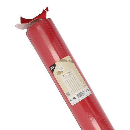 Un sul de față de masă „ROYAL Collection“ de la PAPSTAR GmbH, 20 m x 1,18 m, în culoarea roșu cu etichetă bej și margine superioară parțial derulată, din PV-Tissue Mix de înaltă calitate pentru o senzație asemănătoare materialului textil.