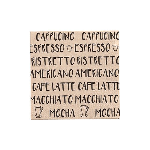 Cele 20 de șervețele PAPSTAR (25 x 25 cm, 3 straturi, 1/4-pliat) de la PAPSTAR GmbH prezintă nume repetate de băuturi de cafea negre și imagini cu cești pe bej pentru stil și durabilitate suplimentară.