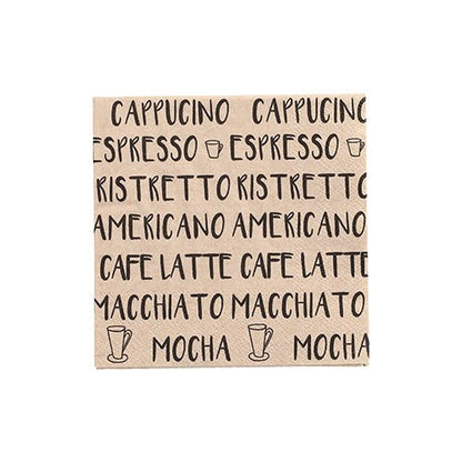 Cele 20 de șervețele PAPSTAR (25 x 25 cm, 3 straturi, 1/4-pliat) de la PAPSTAR GmbH prezintă nume repetate de băuturi de cafea negre și imagini cu cești pe bej pentru stil și durabilitate suplimentară.