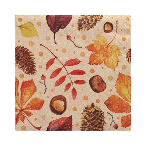 Șervețelele PAPSTAR GmbH 20 sunt de 33x33 cm, 3 straturi și pliate în sferturi cu un motiv de toamnă din conuri de brad, ghinde, castane, fructe de pădure roșii și frunze portocaliu-galbene pe un fundal bej cu puncte galbene.