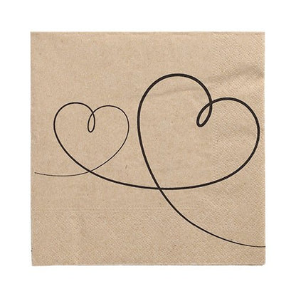 Șervețelele PAPSTAR GmbH 20 (33x33 cm, 3 straturi, pliat 1/4, natural) prezintă două forme de inimă conturate cu negru - una mică și una mare - conectate printr-o linie ondulată; șervețele naturale ideale cu un design fermecător.