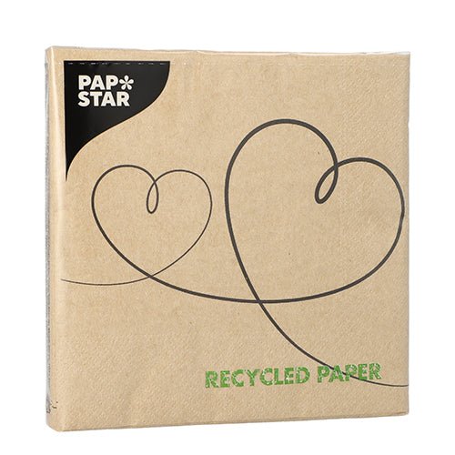 Pe un ambalaj maro cu inscripția "PAPSTAR" în colț, cu două contururi de inimă și "HÂRTIE RECICLATĂ", se află PAPSTAR 20 șervețele, 33x33 cm, 3 straturi, natural, de la PAPSTAR GmbH.