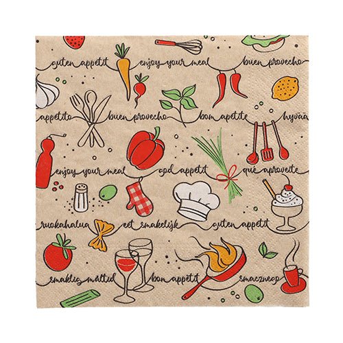 Șervețelele PAPSTAR 20 (33x33 cm, 3 straturi, pliate în 1/4, natural) de la PAPSTAR GmbH sunt decorate cu ilustrații colorate de alimente și bucătărie și mesaje vesele precum "Poftă bună" și "Poftă bună".