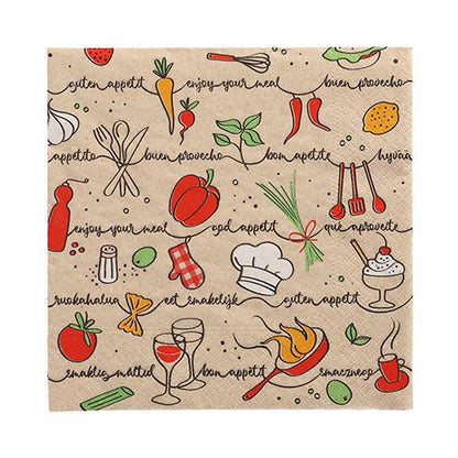 Șervețelele PAPSTAR 20 (33x33 cm, 3 straturi, pliate în 1/4, natural) de la PAPSTAR GmbH sunt decorate cu ilustrații colorate de alimente și bucătărie și mesaje vesele precum "Poftă bună" și "Poftă bună".