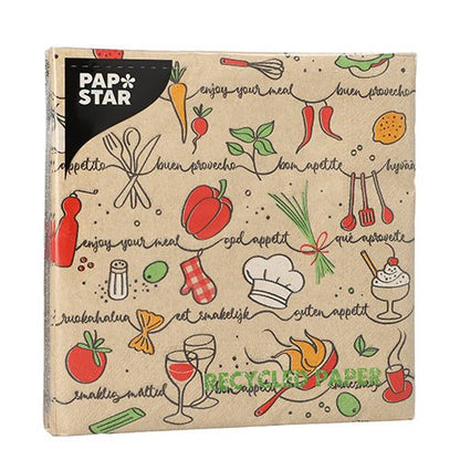 PAPSTAR GmbH 20 șervețele, 33x33 cm, 3 straturi, pliat în 1/4 natural: șervețele stilate din hârtie reciclată cu ilustrații desenate manual de alimente și "Enjoy your meal" în multe limbi pe un fundal maro - perfecte pentru momentele naturale de masă.