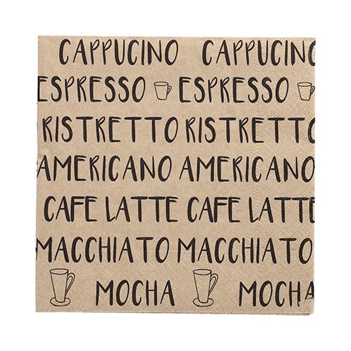 Cele 20 de șervețele ale PAPSTAR GmbH (33x33 cm, 3 straturi, pliate în 1/4, natural) sunt decorate cu scrisori negre despre cafea și motive de cești - șervețele stilate pentru cafenele și iubitorii de cafea.
