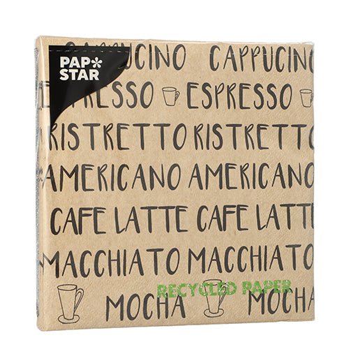 Un pachet natural PAPSTAR GmbH 20 șervețele (33cm x 33cm, 3 straturi, pliat în 1/4) este decorat cu denumiri de băuturi de cafea, "HÂRTIE RECICLATĂ" în verde, mici ilustrații de cești de cafea și este fabricat din hârtie naturală.