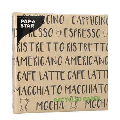 Un pachet natural PAPSTAR GmbH 20 șervețele (33cm x 33cm, 3 straturi, pliat în 1/4) este decorat cu denumiri de băuturi de cafea, "HÂRTIE RECICLATĂ" în verde, mici ilustrații de cești de cafea și este fabricat din hârtie naturală.