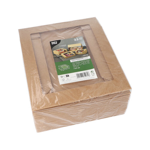Ein Stapel von 25 PAPSTAR Tortenkartons mit Deckel eckig mit PLA-Sichtfenster von PAPSTAR GmbH, in Folie verpackt, mit Etikett obenauf, das Produktinfos und Anwendungsbilder zeigt.