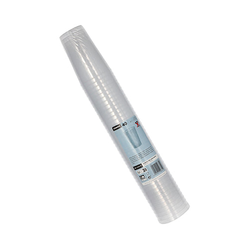 Un teanc de pahare reutilizabile Starpak 40 indestructibile pentru cidru de mere (0,25 l, Ø 7 cm, 10,5 cm), ambalate în folie termocontractabilă cu o etichetă alb-albastră cu informații despre produs.