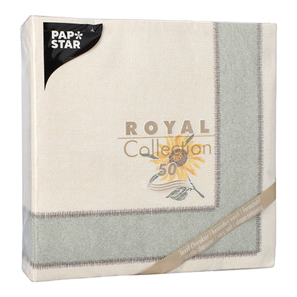 Cele PAPSTAR 50 de șervețele "ROYAL Collection" 1/4-pliu 40 x 40 cm prezintă un motiv de floarea soarelui pe un fundal crem cu margine gri, așa cum este ilustrat pe etichetă. Marcă: PAPSTAR GmbH.