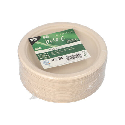 PAPSTAR 50 farfurii, trestie de zahăr "pure" de la PAPSTAR GmbH: farfurii de unică folosință durabile de 15 cm din trestie de zahăr, ambalate ecologic în plastic cu etichetă verde-albă - parte a unei linii de produse conștiente.
