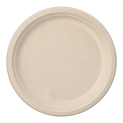 Un PAPSTAR 50 farfurii simplu, rotund din trestie de zahăr "pure" de la PAPSTAR GmbH, fabricat din material compostabil. Este bej cu margine ușor ridicată, nedecorat și ilustrat de sus pe un fundal alb.