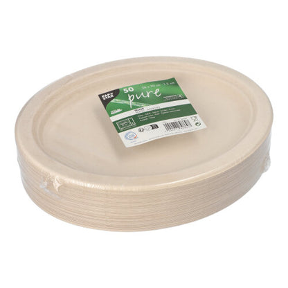 Un pachet cu 50 de farfurii ovale „Pure“ de la PAPSTAR trestie de zahăr de la PAPSTAR GmbH, fabricate din trestie de zahăr ecologică, ambalate în folie de plastic și prevăzute cu o etichetă verde-albă, care indică faptul că sunt ecologice și compostabile.
