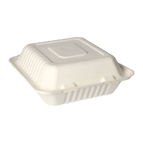 Cele PAPSTAR 25 de cutii de meniu din trestie de zahăr „pure“ alb de la PAPSTAR GmbH sunt recipiente pentru takeout prietenoase cu mediul, biodegradabile – perfecte pentru take-away și catering sustenabil.