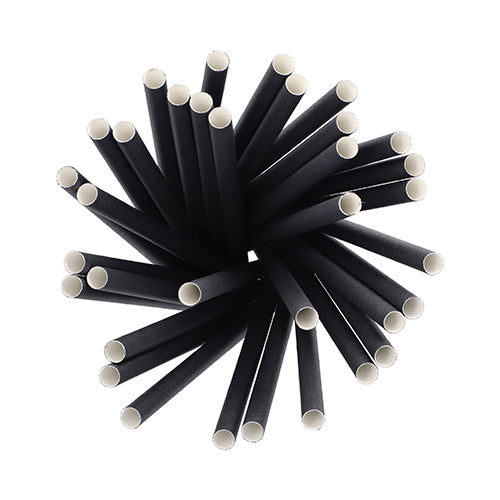 O vedere de sus a paielor PAPSTAR 100 Shake-Halme din hârtie Ø 10 mm · 21 cm de la PAPSTAR GmbH - paie negre biodegradabile din hârtie cu interior alb, ideale pentru gazdele conștiente de mediu și pentru o bucurie sustenabilă a shake-urilor.