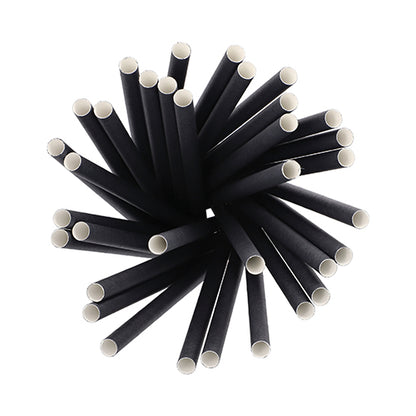 O vedere de sus a paielor PAPSTAR 100 Shake-Halme din hârtie Ø 10 mm · 21 cm de la PAPSTAR GmbH - paie negre biodegradabile din hârtie cu interior alb, ideale pentru gazdele conștiente de mediu și pentru o bucurie sustenabilă a shake-urilor.