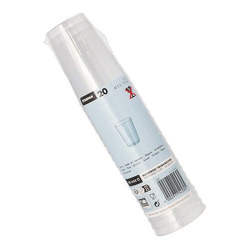 Un pachet de 20 de pahare reutilizabile Starpak din PP, 0,1 l, Ø5,2 cm × 7,4 cm, translucid și indestructibil, ambalat în plastic, cu o etichetă cu detalii despre produs, ilustrație cu cești, coduri de bare și simboluri de reciclare.