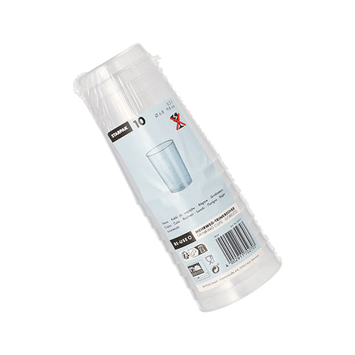 10 pahare reutilizabile transparente, indestructibile din PP de la Starpak, într-un ambalaj clar cu etichetă, cod de bare și imaginea paharului.