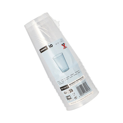 Un pachet cu zece pahare reutilizabile Starpak 10 PP translucide, indestructibile, în folie de plastic cu marca Starpak, o imagine a paharului, informații despre produs, simboluri de reciclare și un cod de bare.
