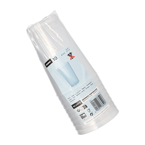Paharul reutilizabil Starpak 10 PP translucid, indestructibil de la Starpak este livrat într-un ambalaj din plastic cu etichete de produs, simboluri de reciclare și un cod de bare pe exterior.