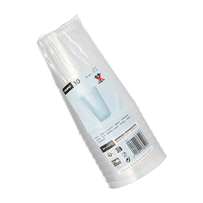 Paharul reutilizabil Starpak 10 PP translucid, indestructibil de la Starpak este livrat într-un ambalaj din plastic cu etichete de produs, simboluri de reciclare și un cod de bare pe exterior.